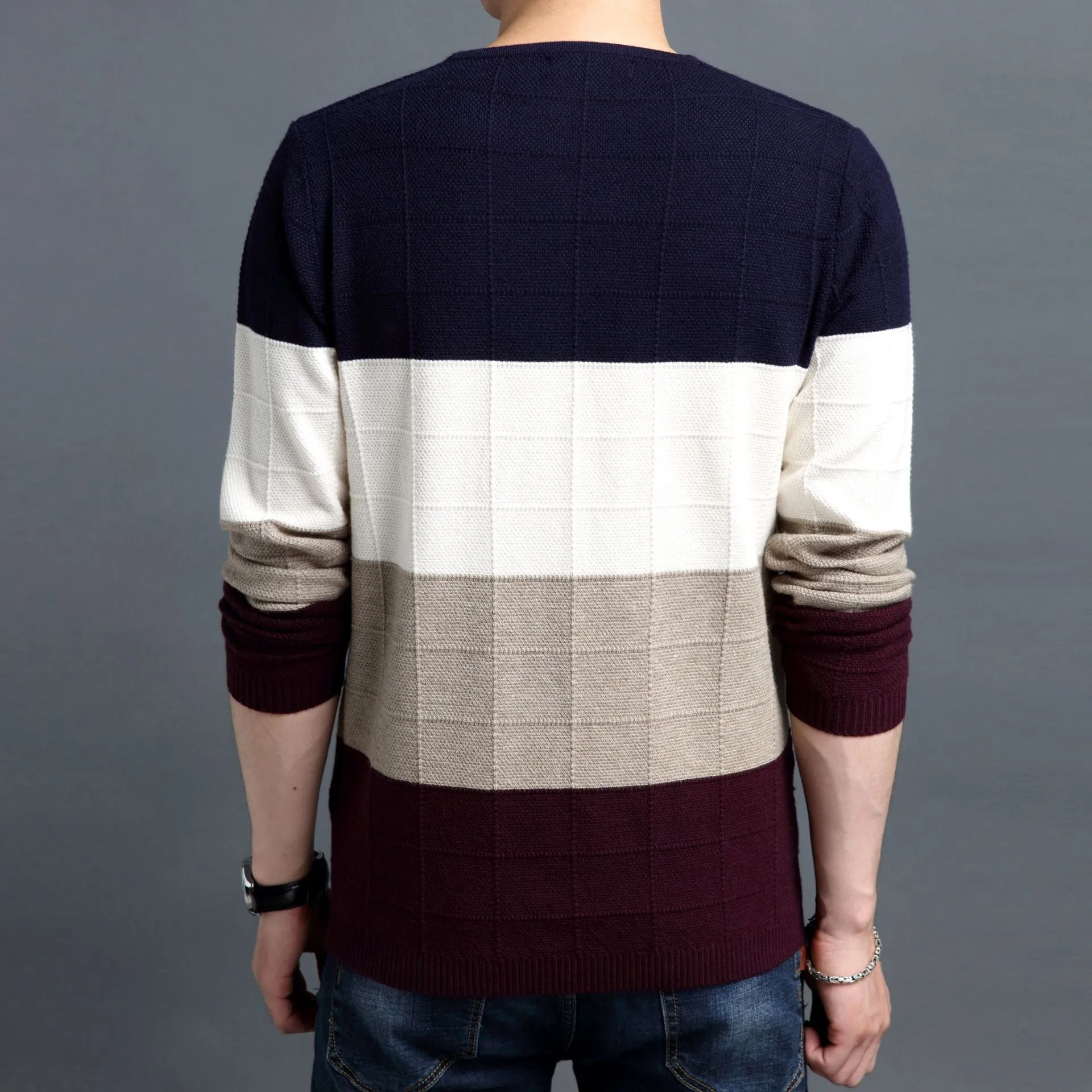 Men Pullover Fashion V Neck Spring Autumn Slim Fit Knit Patchwork Striped Male Sweater Casual Jumpers Outwear Full Sweater 201126