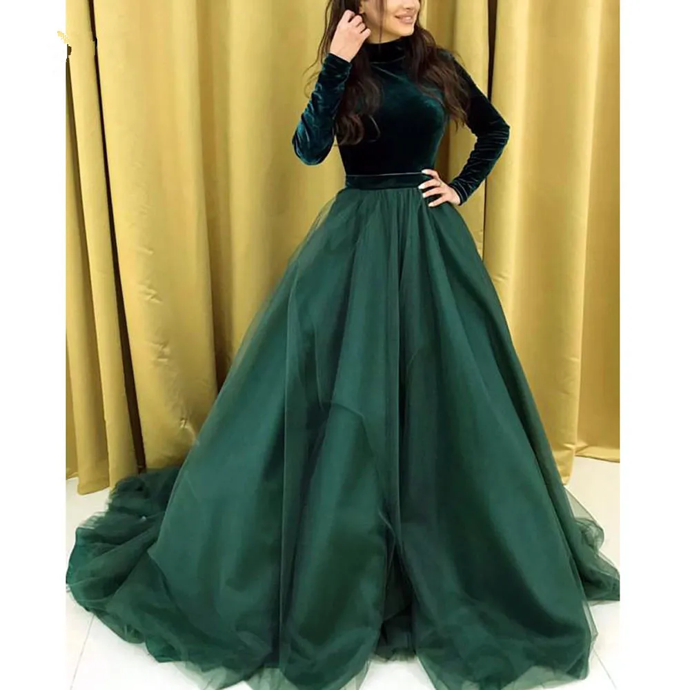 Szmaragdowy zielony aksamitny muzułmańska sukienka Quinceanera Elegancka A-Linia Linia długa suknie balowe