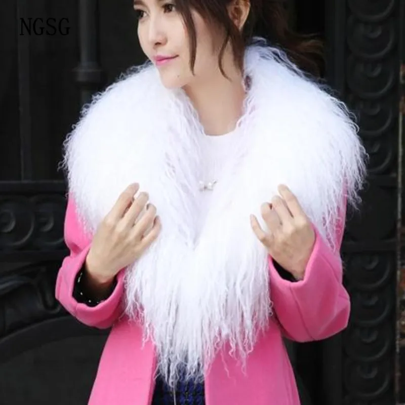 NGSG mujeres Real cuello de piel sólido negro Natural genuino mongol lana de oveja bufanda abrigo invierno personalizar multicolores Y201007312F