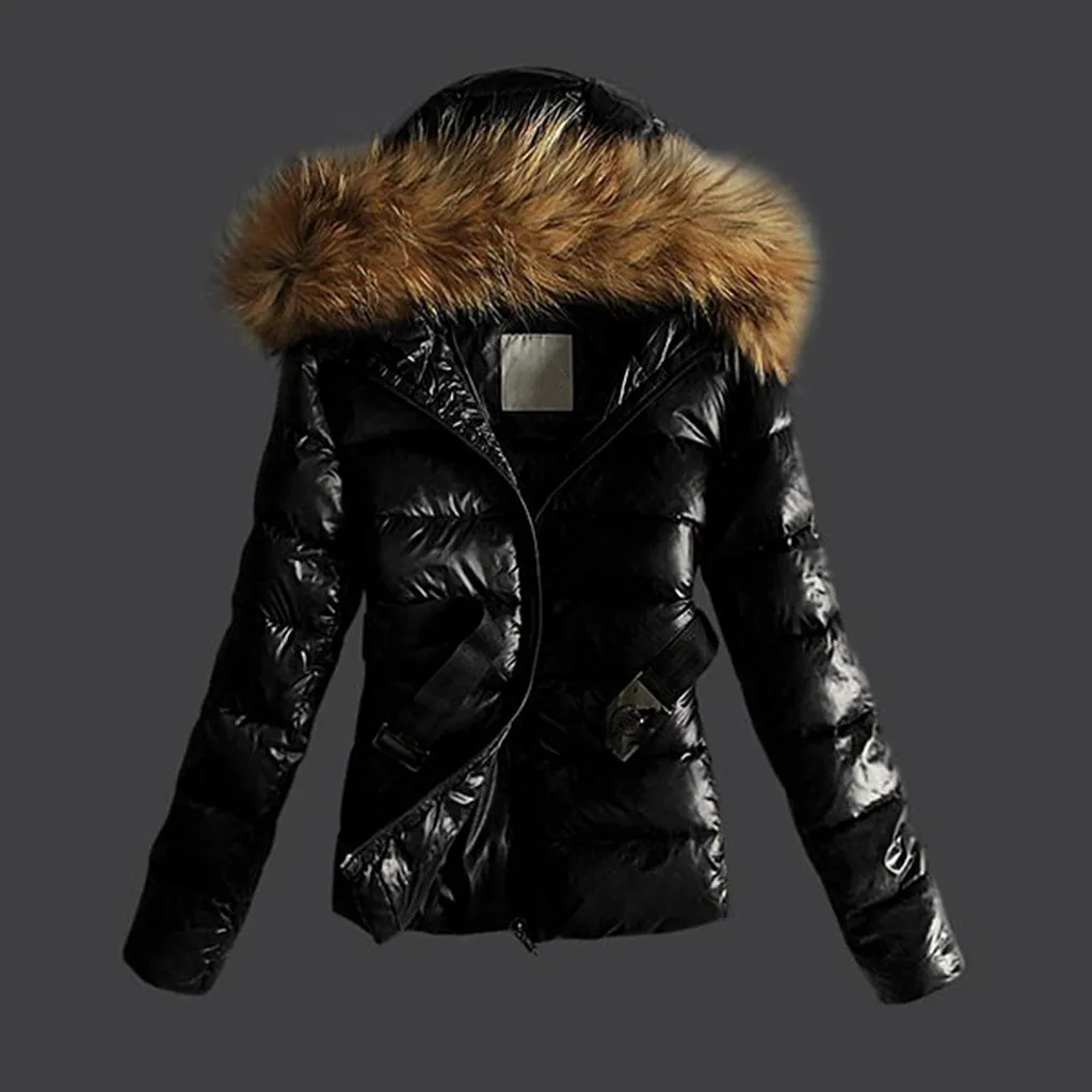 Giacca da donna Outwear trapuntata invernale calda cappotti collo di pelliccia giacca con cappuccio top con cintura moda morbida Parka # 30 201026