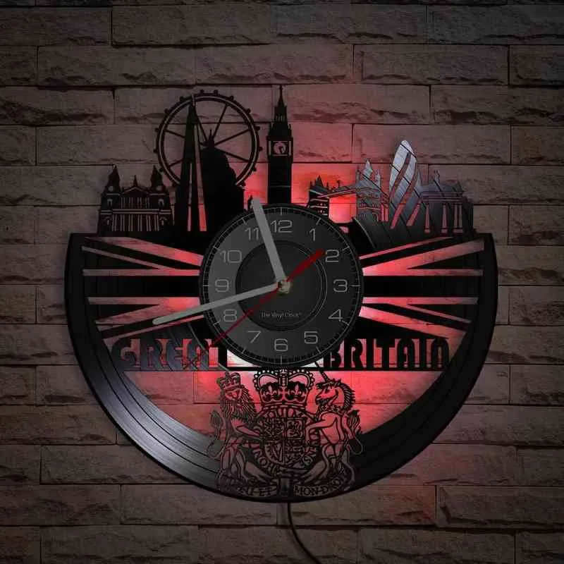 Orologio da parete punto di riferimento della Gran Bretagna realizzato in vinile riproposto disco record UK London Skyline Big Ben Elizabeth Tower Orologio da parete H1230