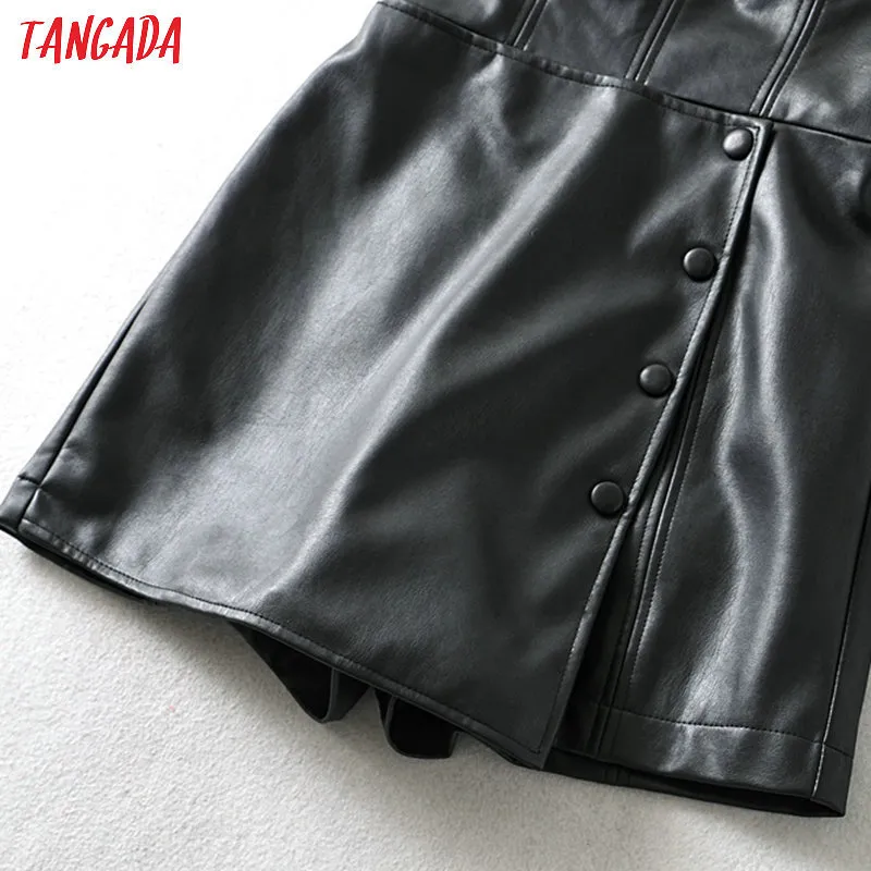 Tangada Mode Femmes Noir Faux Cuir Bretelles Combishort À Manches Longues Fermeture À Glissière Vintage Femelle Sexy Pu Combinaison 6A342 T200704