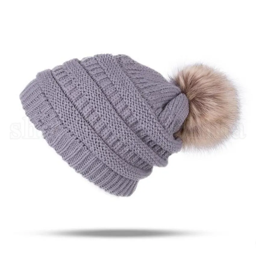 Women Beanies Autumn Winter Knitted Skullies Casual Outdoor Hat Solid Ribbed Beanie with Pom 