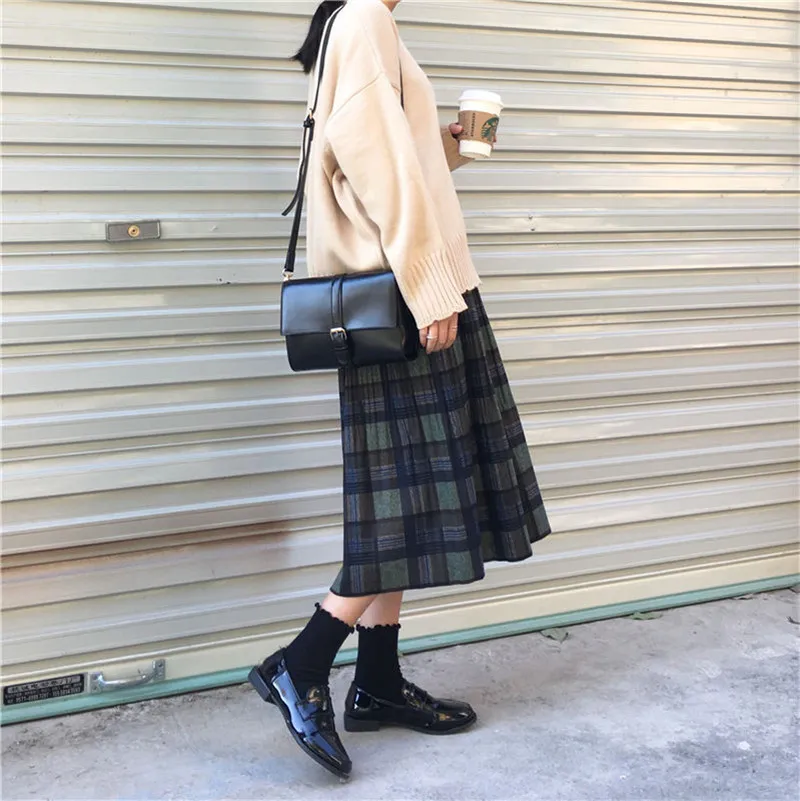 Wollen Winter Plus Size 3XL geplooide geruite rokken Vrouwen Warm Vintage Lange Dames Kantoor Harajuku Midi Streetwear 220221