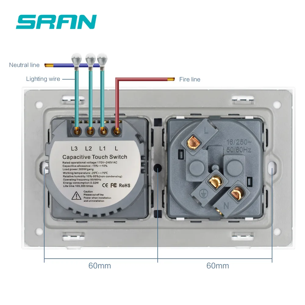 SRAN UK標準タッチセンサーソケット付きホワイトクリスタルガラスパネル220V 16Aライトスイッチ付き壁ソケット3GANG 1WAY T200605