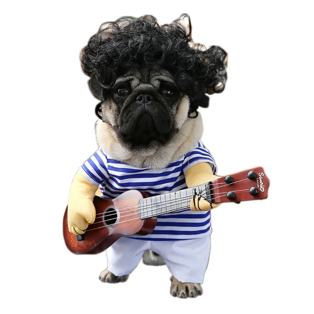 Zabawny gitarzysta gitarzysty Cosplay Dog Costume gitarzysta ubierający się do imprezy Halloweenowe ubrania dla kotów plus peruka y200917