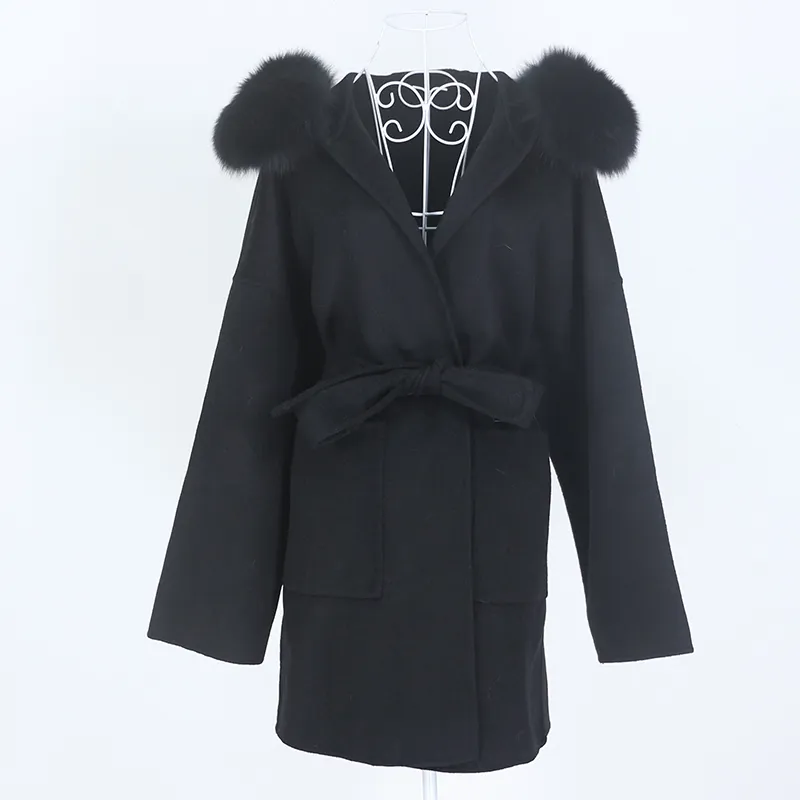 OFTBUY Nouveau surdimensionné lâche cachemire mélanges de laine véritable manteau de fourrure veste d'hiver femmes naturel col de fourrure de renard capuche ceinture d'extérieur 201210