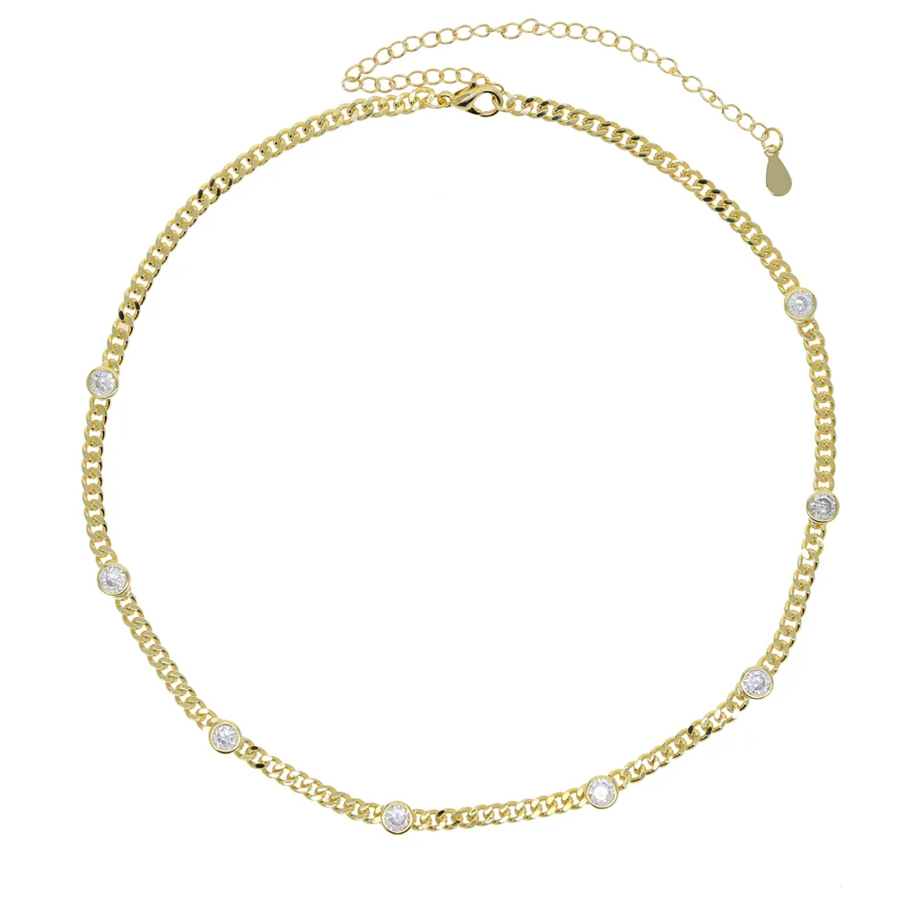 3mm bredd tunn vanlig kubansk länkkedja 4mm Bezel CZ European Women Gold Color Chain Choker Necklace Valentines Day Gift3178