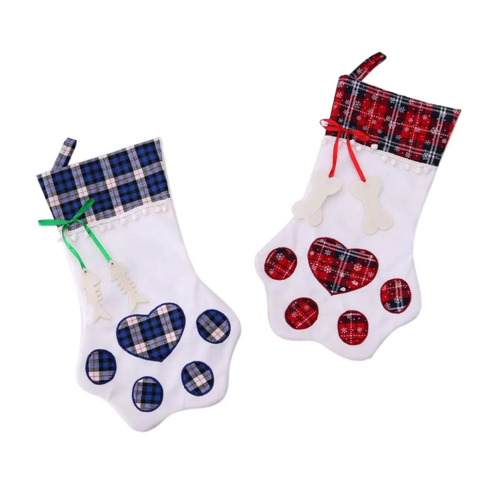 New Stockings Christmas Home Decoration Accessories Plaid Christmas Gift Bags Pet Dog Cat Paw Stocking Socks Xmas Tree Ornaments