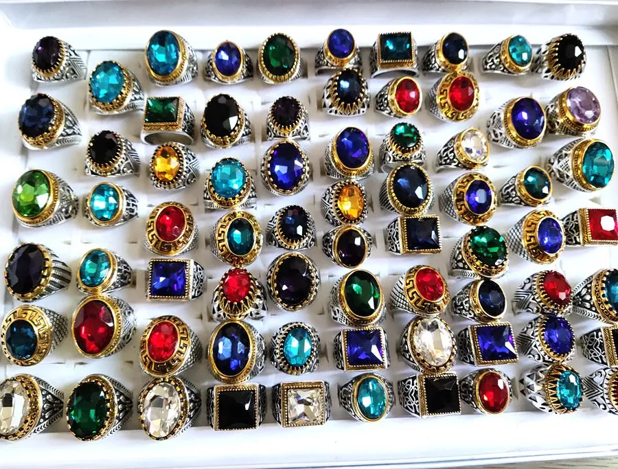 en gros / de luxe cristal pierre argent or bague de charme hommes femmes vintage argent alliage zircon anneaux coloré mariage227h