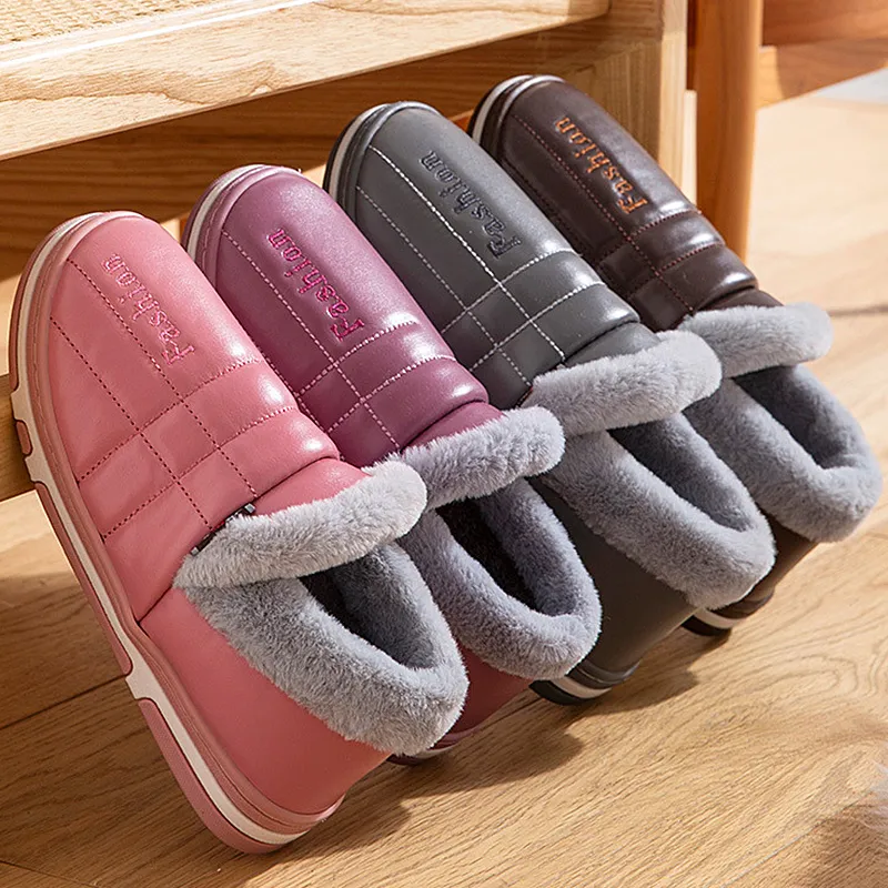 Pantofole invernali in pelle di cotone Pantofola da donna con piattaforma interni Pantofole morbide antiscivolo casa calda Scivoli pavimenti Scarpe in cotone esterni