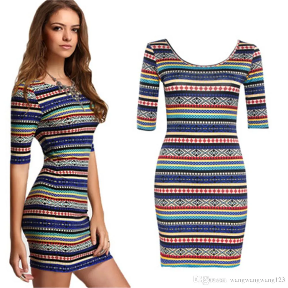 Europe US fashion striped colorful print dresses Crew neck Half sleeve slim Cotton Polyester Blend Backless Tight waist sexy mini dress