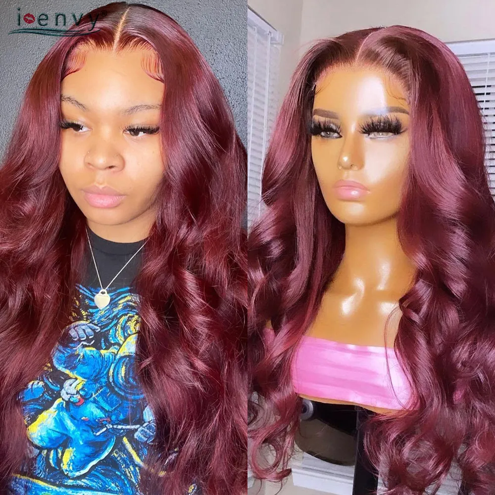 Body Wave Lace Frontal Wig Pre Pluck Peruvian Red Burgundy Lace Front Wig Human Hair Wigs Colored Lace Wigs Curly X4 Body Wave Closure Wig