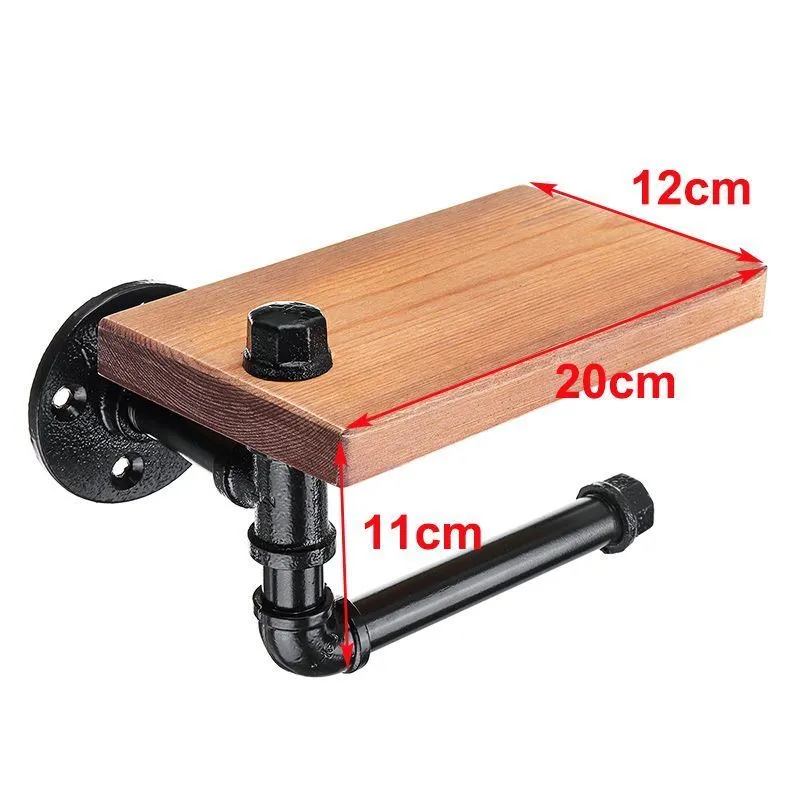 Vintage Bathroom Toilet Roll Paper Holder Wall Mount Metal Wood Bathroom WC Paper Phone Holder with Storage Shelf Rack Retro New T200425