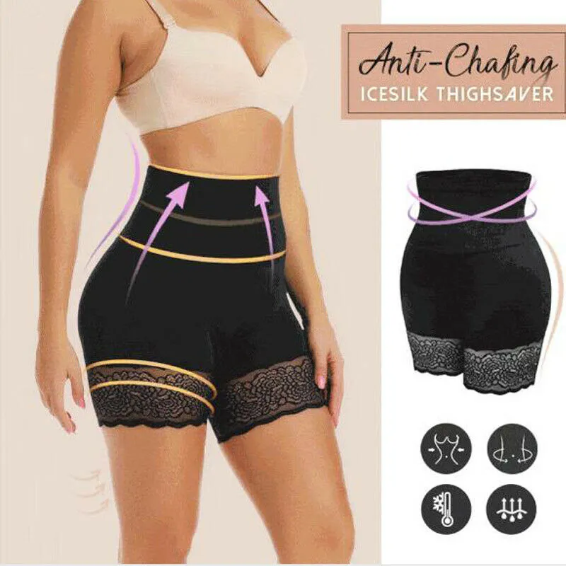 Anti-Chafing Ice Silks Thigh Saver Lace High Waist Tummy Control Hips Up Shapewear Panty H9 201112