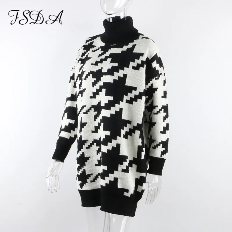 FSDA Long Sleeve Autumn Winter Oversized Sweater Dress Women Turtleneck Black Casual Knit Mini Houndstooth Sexy Party Dresses Y0118