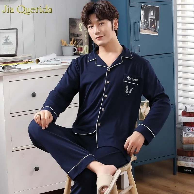 Royal Blue Solid Pijama Men Suits Leisure Night Home Wear Long Sleeve Cardigan Button Pocket Trousers Two Piece Chinese Pajamas LJ201113