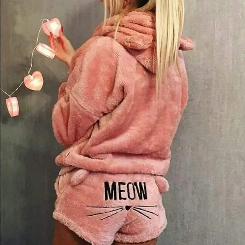 Womens Cat Fleece 푹신한 따뜻한 PJS 잠옷 잠옷 잠옷 세트 잠옷 복장 후드 잠옷 Cosplay Homewear Y200708