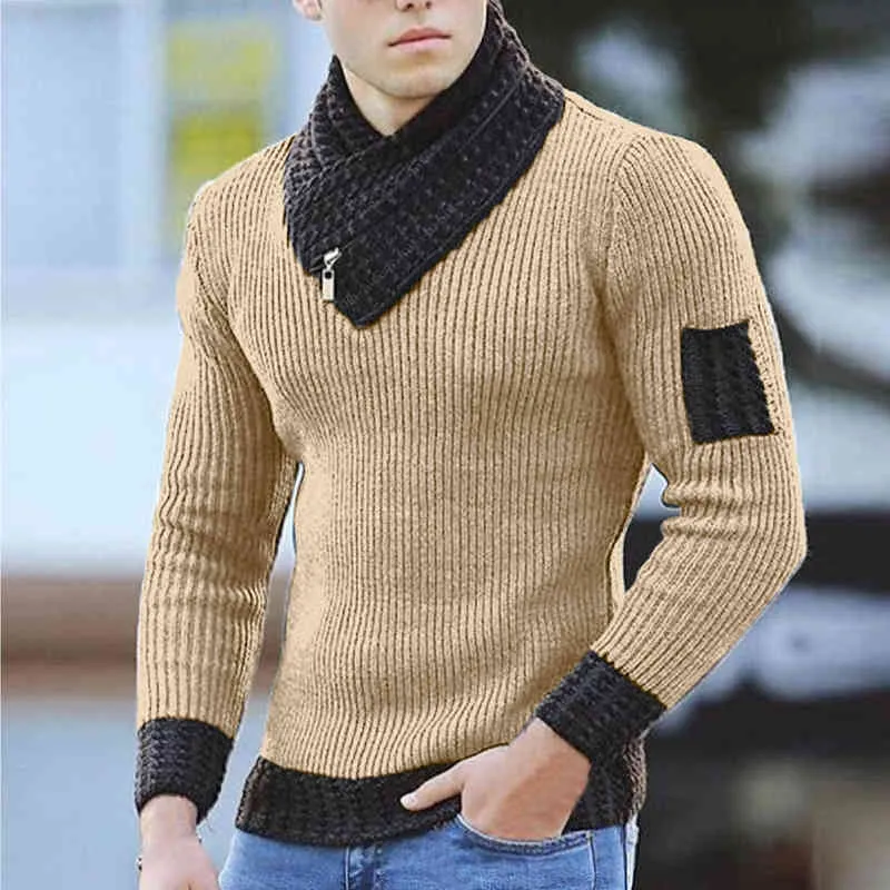 Męski zimowy sweter England Rozmiar Solid Color Scarf High Collar Turtleneck Ciepły Długi Rękaw Sweter Krojeniowy Pulower 211221