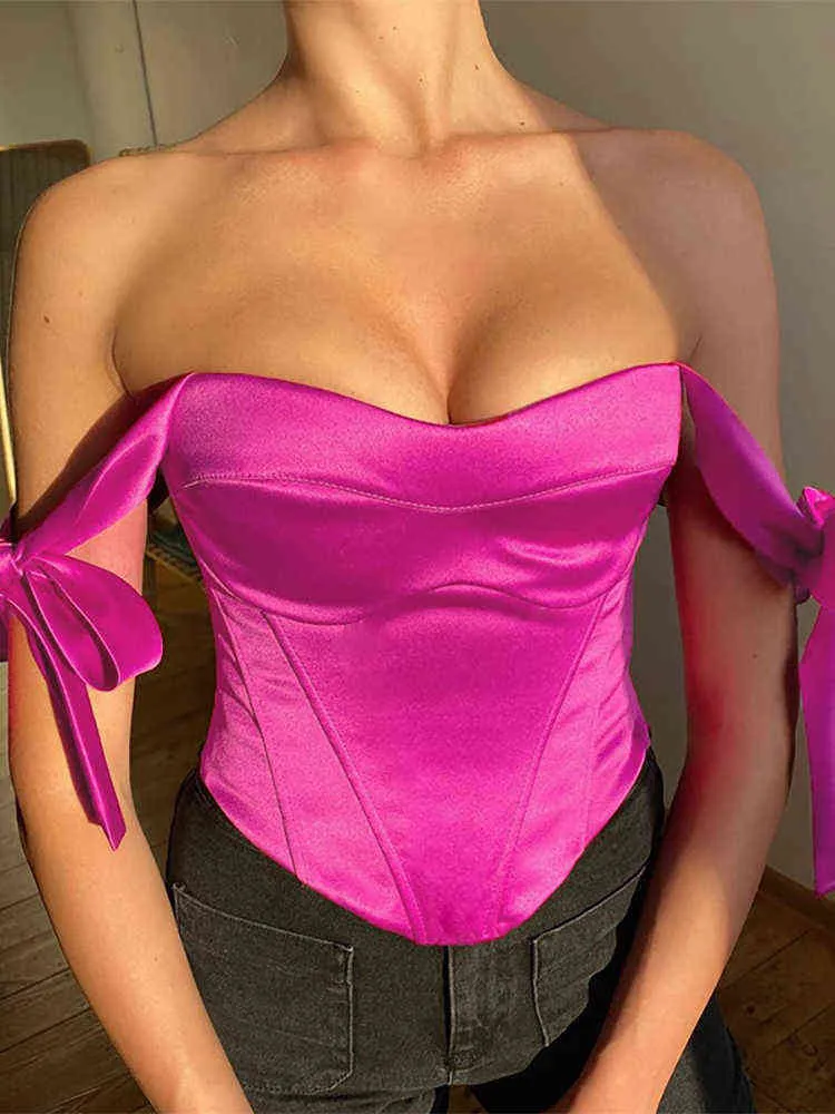 Tinastyle Bandage Satin Sexy Corset Crop Top Femmes Sans Manches Sans Bretelles Slim Court Bustier Camis Y2K Party Tube Débardeur Y220304