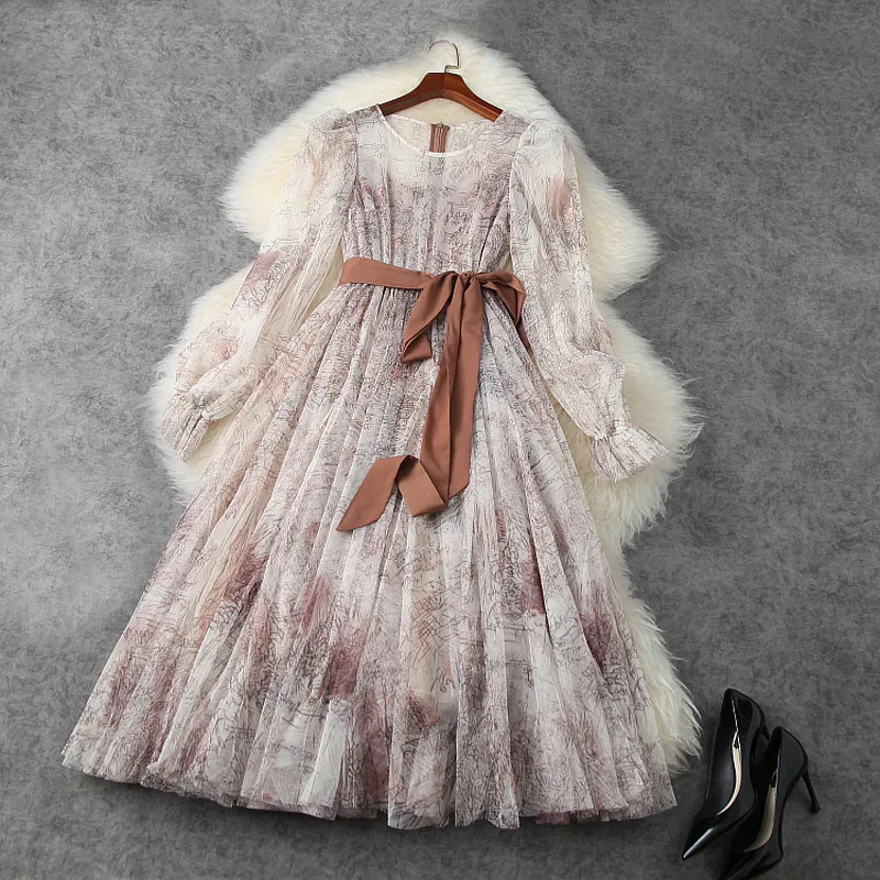 2021 Spring Long Sleeve Round Neck Multicolor Print Tulle Belted Mid-Calf Dress Elegant Sweet Casual Sheer Dresses LJ07T11766