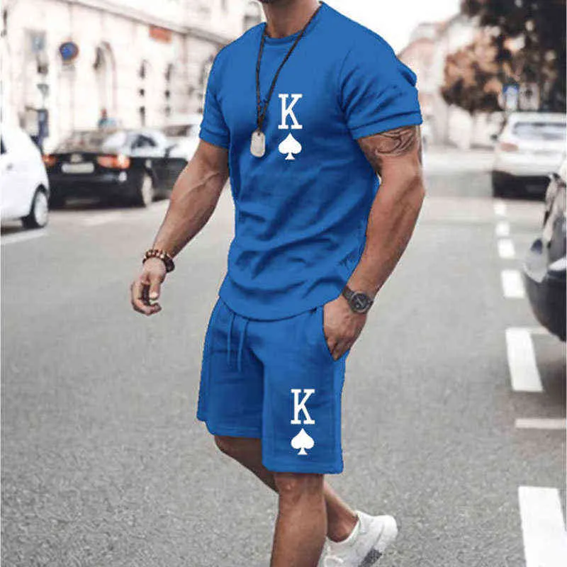 Erkek Spor Katı Renkli Mektup K Baskı O-Boyun T-Shirt Suit Yaz Moda Açık Eğlence Spor Şort Takım 2-piece Set W220228