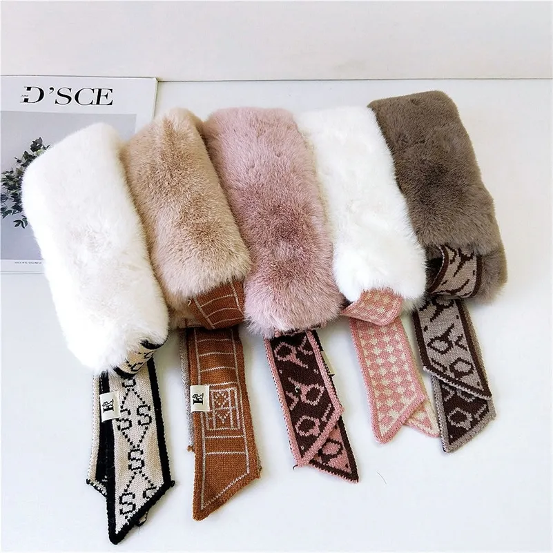 New Autumn Winter Houndstooth Fashion Crochet Knitted Scarf Foulard Femme Faux Fur Collar Neck Warmer Scarves for Women Y201007303S