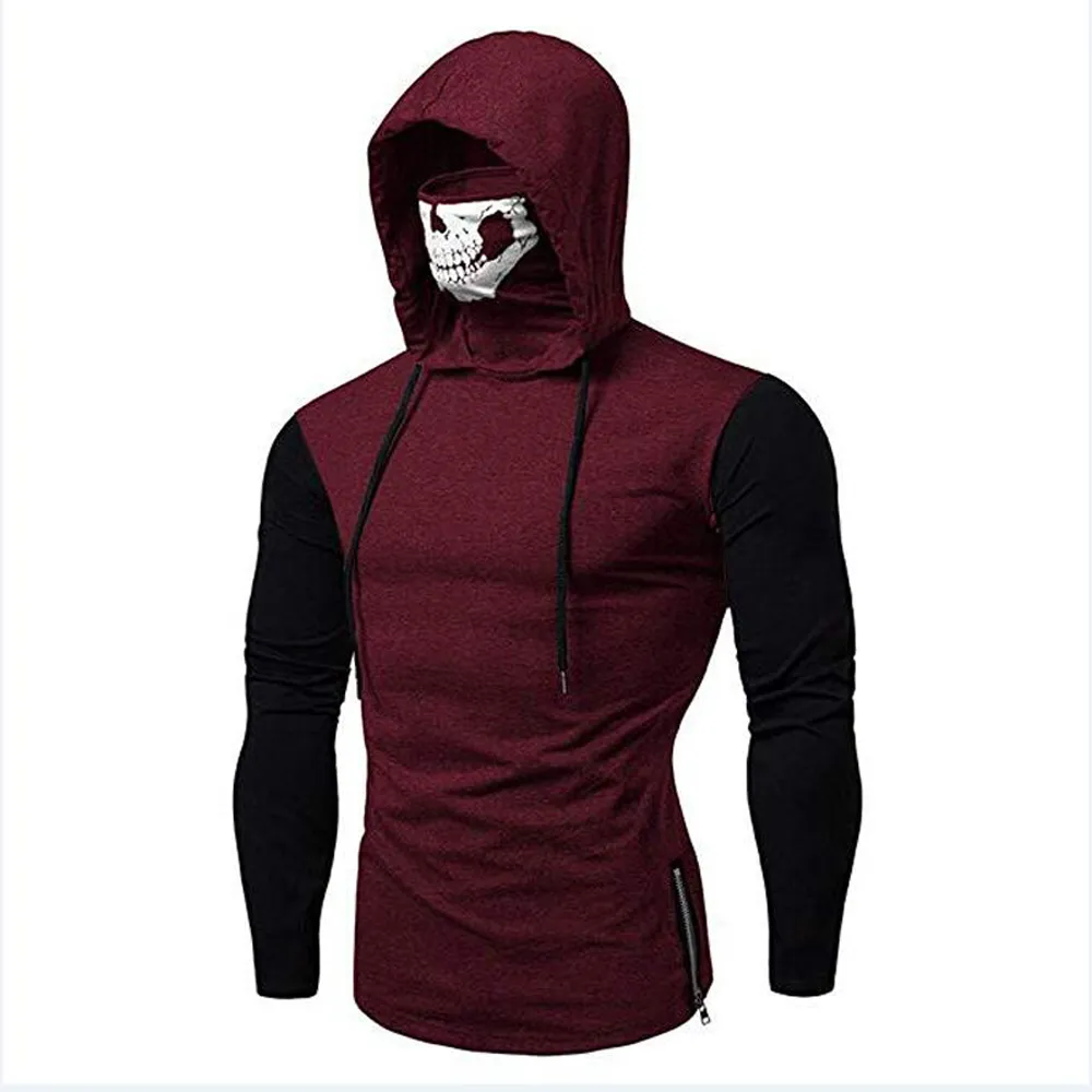 Moda Masculina Elegante Máscara Crânio Design Capuz Contraste Cor Cordão Sueter Moombre Manga Com Capuz Longa Pullovers para Man 201020