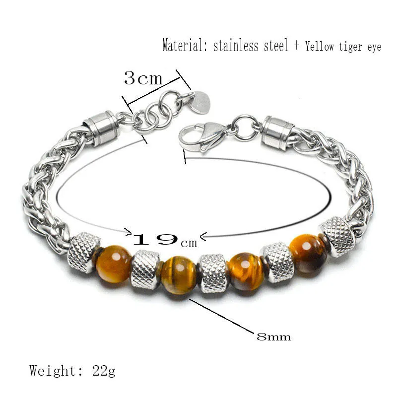 Stainless steel tiger eye beads bracelets strands natural stone bracelet for men hip hop fashion jewelry will and sandy