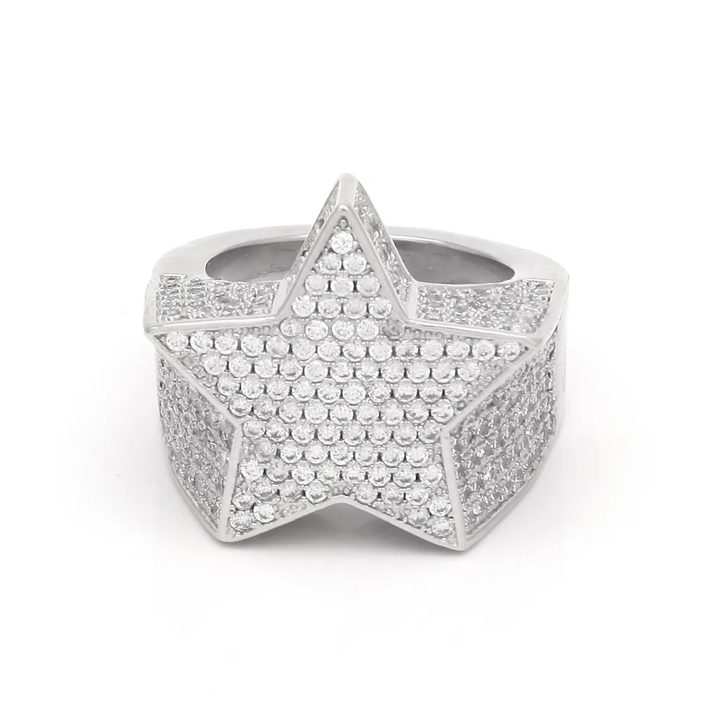 Masowe hip-hopowe męskie pierścionek biżuterii pięciopunktowa gwiazda lodowana cyrkon Hiphop Rose złoto srebrne pierścienie 210p