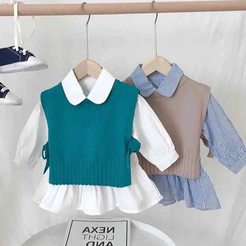 봄 가을 아기 소녀 달콤한 사탕 색깔 뜨개질 스웨터 조끼 셔츠 의류 어린이 세트 한국 블라우스 의상 211224