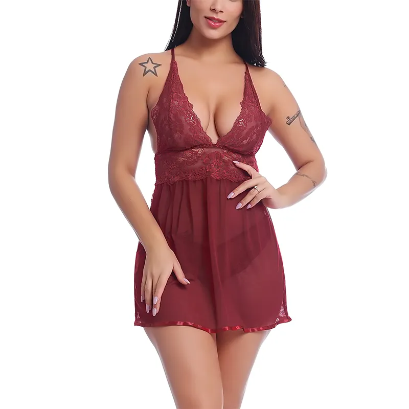 Joyaria Bayan Dantel Babydoll Lingerie Set Iki Parça Örgü Nighty Elbise Kadınlar Uyku Giyim Gece Elbise T200429