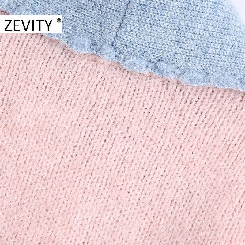 Zevity New Womenファッションの色のマッチングブルーカラーパッチワークピンクの編み物セーターフェムメシックダイヤモンドボタンカーディガントップスS430 201023