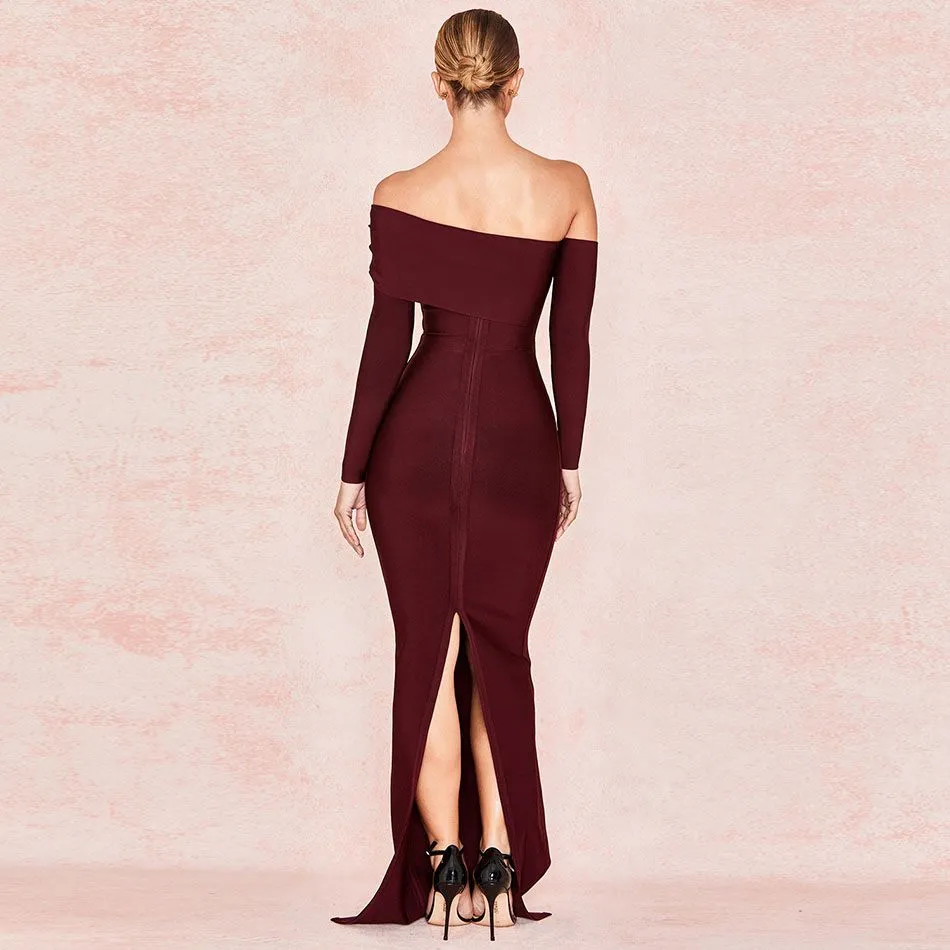 2021 New Bandage Long Dress Women Sexy Off The Shoulder Maxi Dress Long Sleeve Wine Red Evening Party Split Night Club Vestidos Y0118