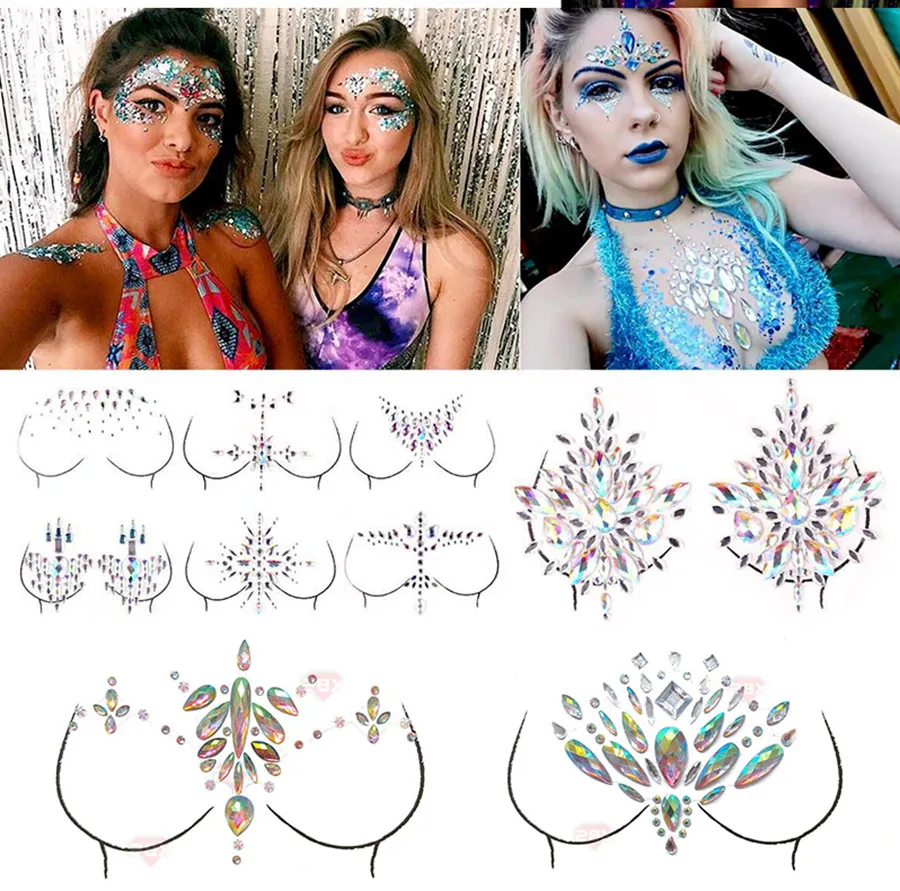 Adesivo diamantato Gemme appiccicose Adesivo Trucco Viso Boob Gioiello di cristallo Gemme del festival Adesivi trucco feste strumenti di body art 14 stili