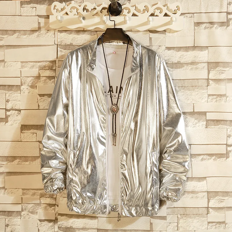 Mens Windbreaker Jackets Nightclub Stage Singer Costume Streetwear Harajuku Hip Hop Jacket Gold Silver Fashion Autumn Men Solid 220818