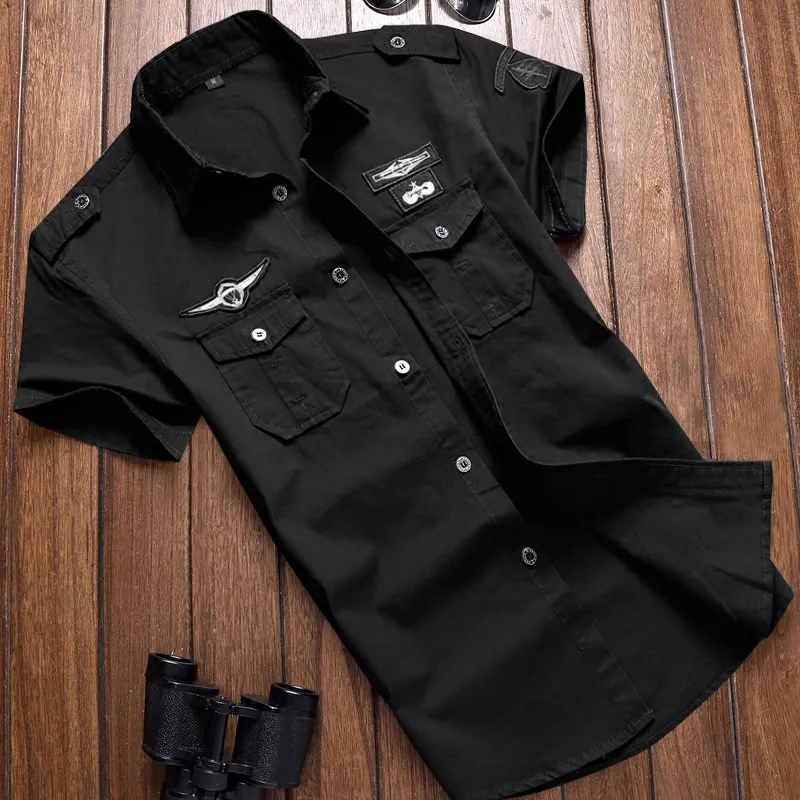 قميص عسكري قمصان رجالية عارضة نمط الأزياء الملابس القطن قصير الأكمام الرجعية خمر 6xl التطريز الأسود قطرة الشحن C1222
