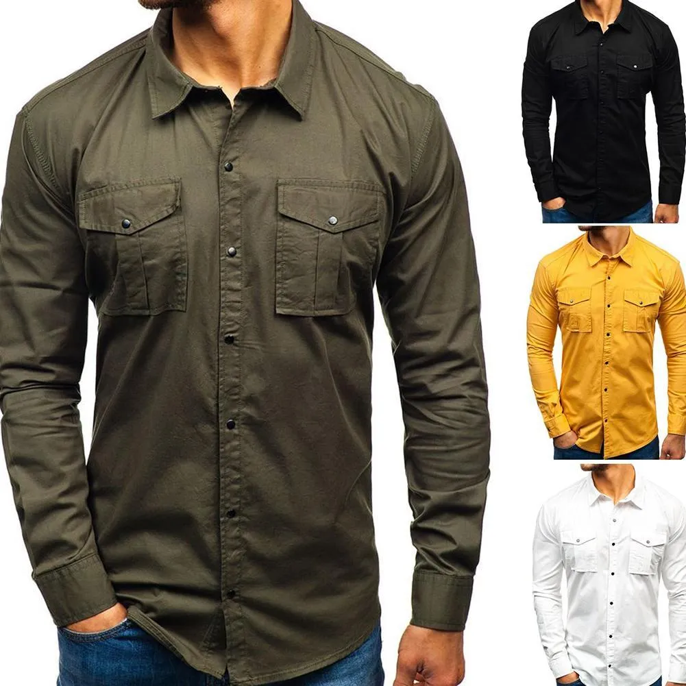 Fashion Men Long Shirt Sleeve Solid Color Multi-Pockets button Slim Turn Down Collar Shirt Top Men's Clothing C1222