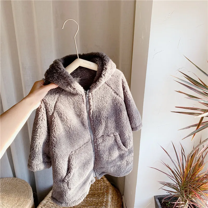 Otoño invierno nuevo color puro lana cálida moda engrosada abrigo con capucha chaqueta larga para lindos dulces bebés y niños 201106