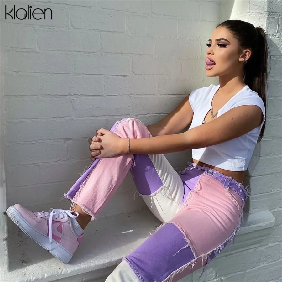 KLALIEN Mode Streetwear Hose Frauen Hohe Taille Reißverschluss Patchwork Hip Hop Disco Hosen Damen High Street Casual Hosen 201106