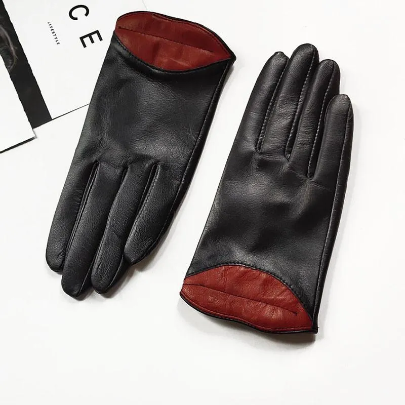 Gants en cuir pour femmes, lèvres rouges Sexy, personnalité, gants chauds en peau de mouton, noir, hiver 3398