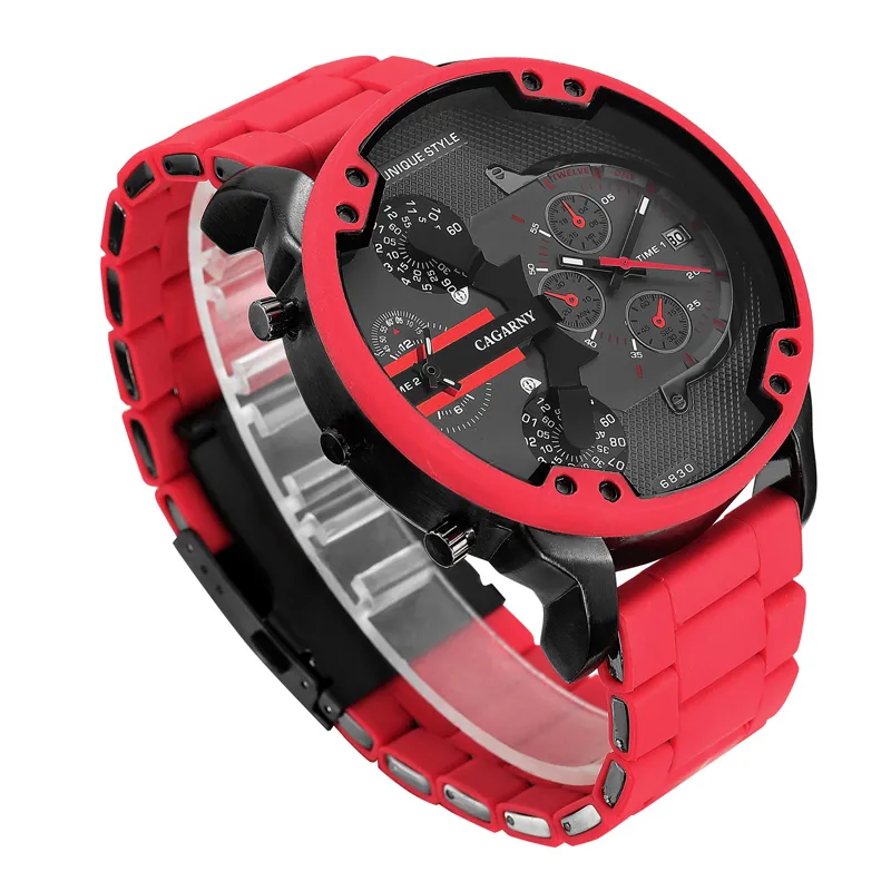 top luxury brand cagarny analog quartz watch for men two time zones auto date cool big case military watches red silicone band sports men