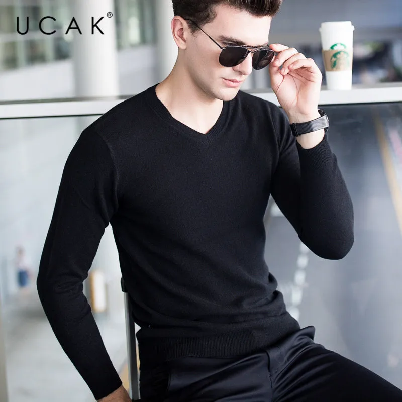 Pure Merino Wool Classic V-Neck Men Sweaters Pull Homme Ucak Brand Autumn Winter Fashion Streetwear Soft Sweaters U3005 201126