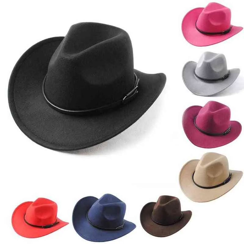 2021 Western Style Cowboy Hat för män Kvinnor Outdoor Wide Brim Faux Läder Svart Vit Rosa Sommarbredd Brim Beach Travel Cap G220301