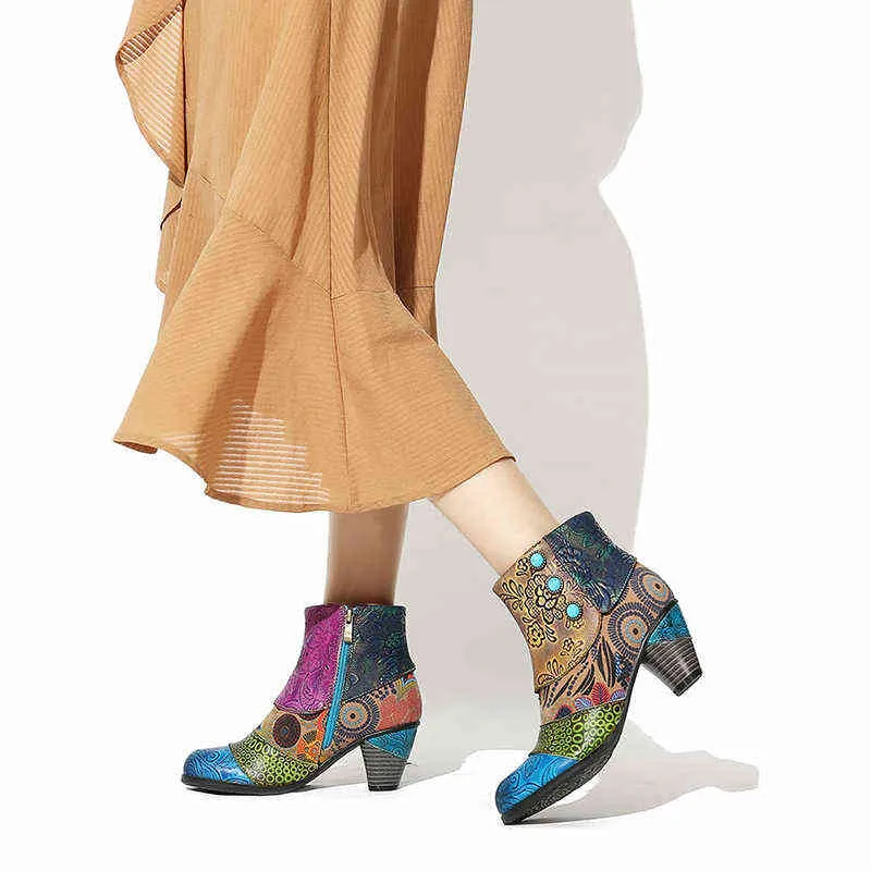 Винтажные ботильоны с принтом и принтом для женской обуви, женская обувь из искусственной кожи в стиле ретро, туфли на высоком каблуке в богемном стиле, женские зимние короткие 220106