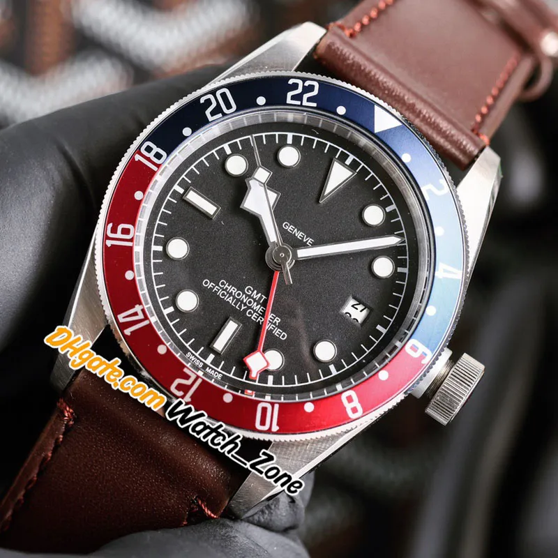 42mm DATE GMT Black Dial Asian 2813 Automatisk M79830RB-0002 MENS Titta på M79830RB Blue Red Bezel Steel Case Brown Leather Strap Gents Wat 219L