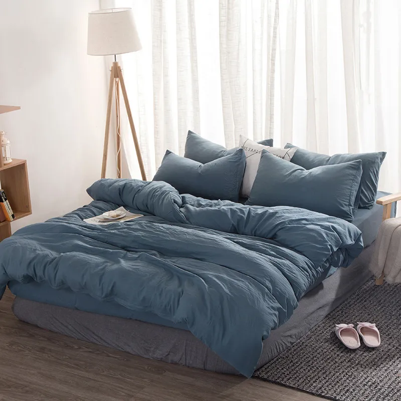 Nordic simples sólido conjunto de cama adulto capa edredão folha linho macio lavado algodão poliéster gêmeo rainha rei verde azul roupas 25610981