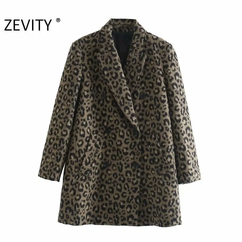 Zevity Winter Women Vintage Leopar Baskı Yün Palto Lady Uzun Kollu Çift Kelime Kelime Karışımları Ceket Şık Üstleri CT609 201102