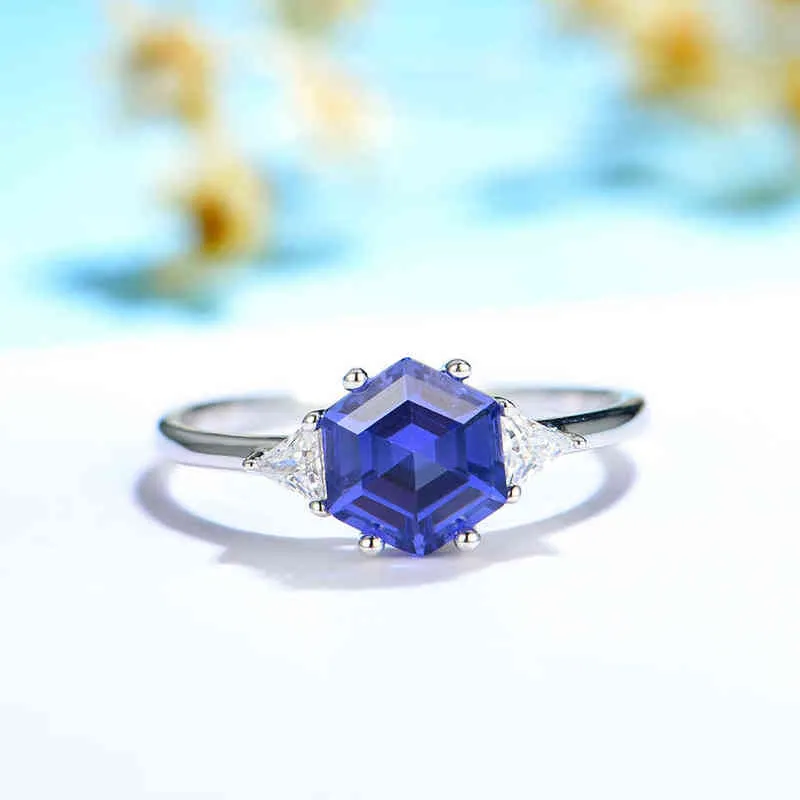 Anel de pedra preciosa Kuololit Hexagon London Blue Topázio para mulheres Soid 925 prata esterlina Tanzanite Morganite joias para noivado 2205916750