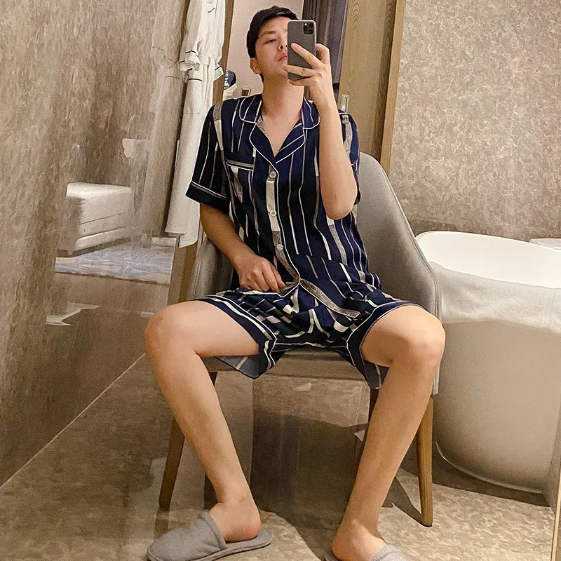 Pijama de verão da marca Thoshine Define homens chineses seda cetim roupas de dormir roupas caseiras masculino luxo de roupas de noite macias sono de duas peças T200813